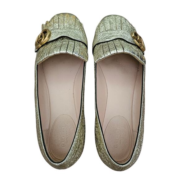 Gucci GG Marmont Fringe Ballet Flat Size 38 US 8 Gold Foil Leather Slipper - Picture 4 of 12